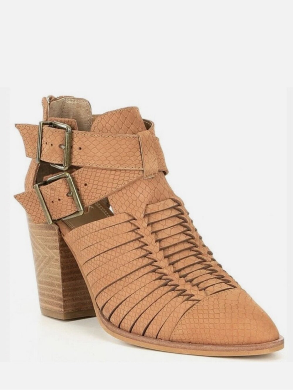 Gianni Bini Tan Braided Cutout Buckle Block Heel Booties